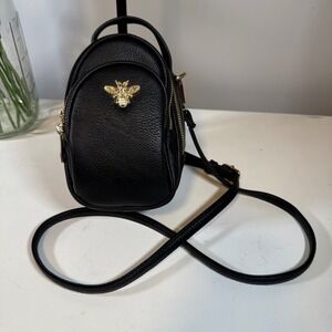 Bee Emblem Mini Crossbody Purse Gold Tone Hardware Black Faux Leather
